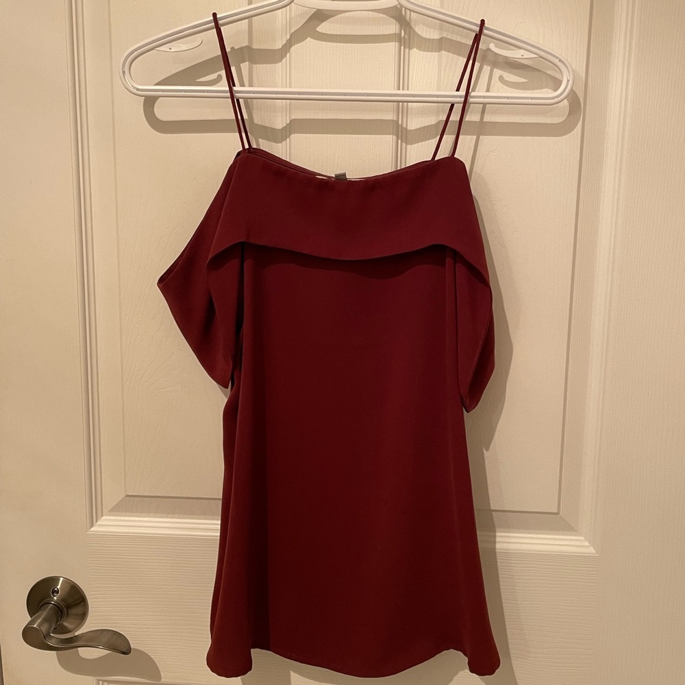 Maroon over shoulder top.